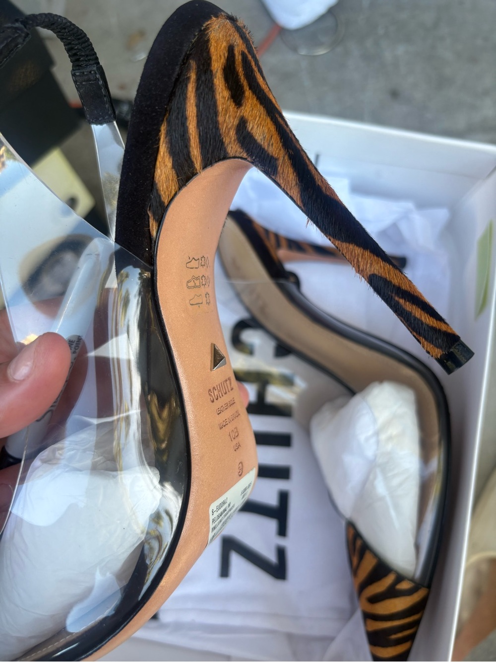 SCHUTZ Zebra-Print Black and Brown Pointed Toe Clear Panel Stiletto Heels - Picture 4 of 8